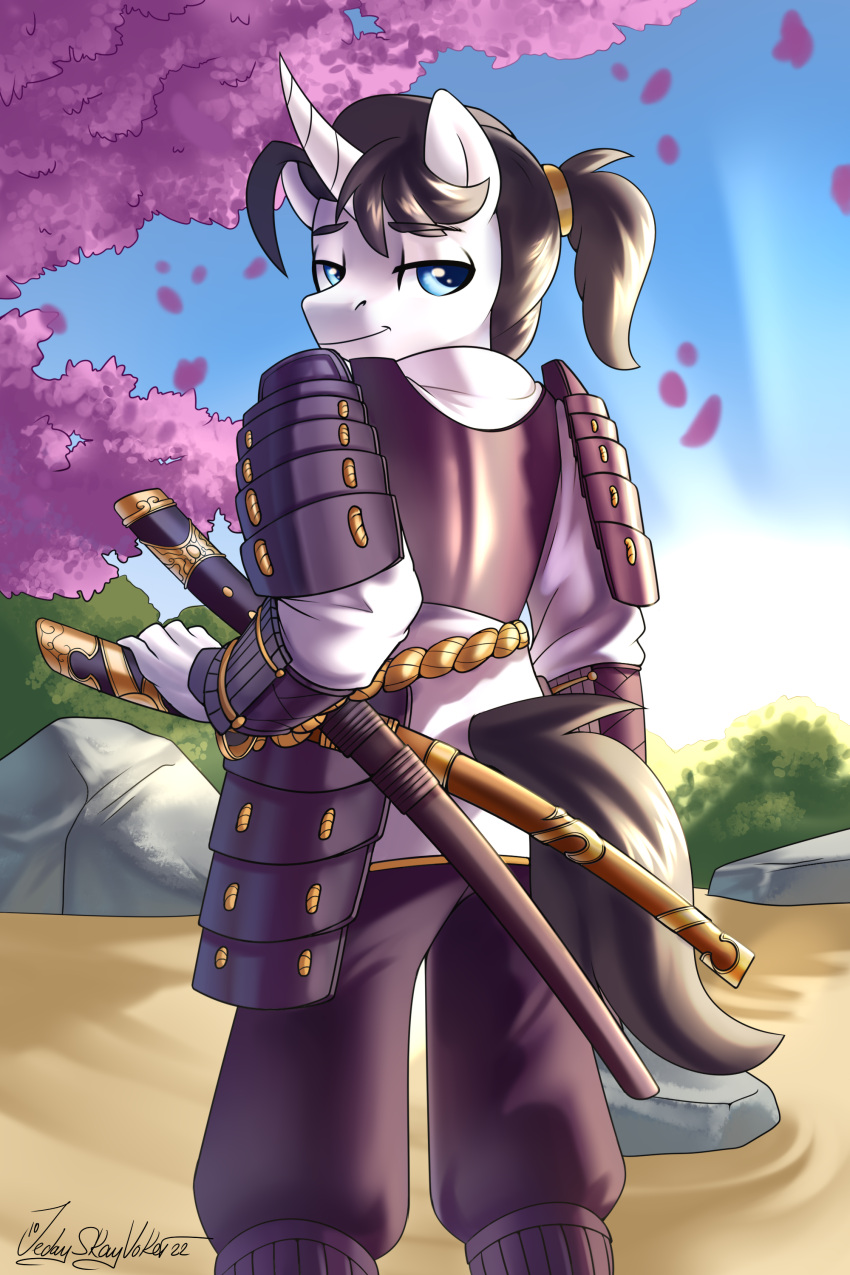 2022 2:3 absurd_res anthro armor cherry_blossom clothing curved_horn equid equine fan_character flower hi_res horn jedayskayvoker looking_at_viewer looking_back male mammal melee_weapon plant samurai signature solo sunrise sword unicorn warrior weapon