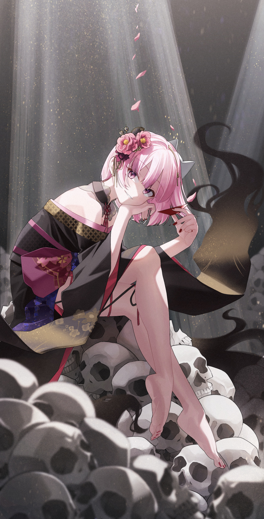 1girl absurdres bangs bare_shoulders barefoot black_choker black_kimono choker cup flower hair_flower hair_ornament highres hololive hololive_english honyaragedon japanese_clothes kimono light_rays looking_at_viewer mask mask_on_head mori_calliope nail_polish off_shoulder parted_lips petals pile_of_skulls pink_eyes pink_flower pink_hair red_nails sakazuki short_hair sitting skull smile solo thigh_strap toenail_polish toenails virtual_youtuber wide_sleeves