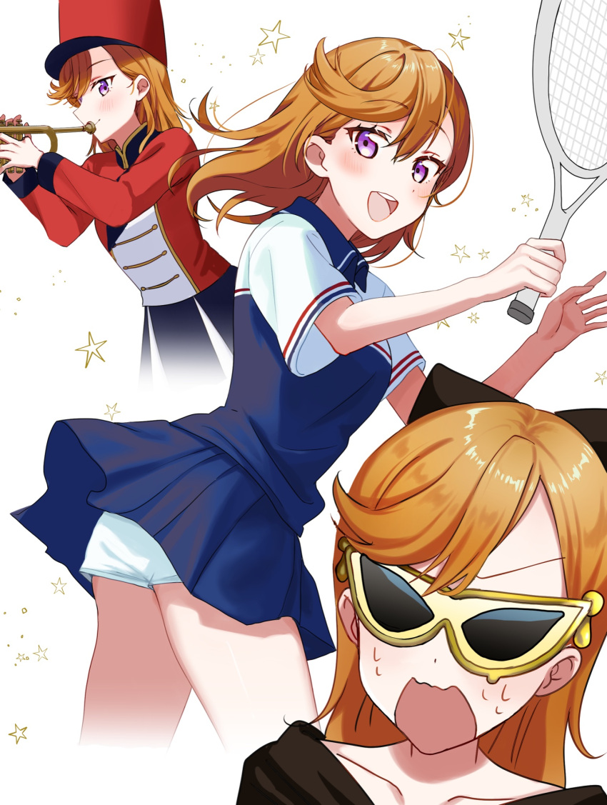 1girl band_uniform bangs happy highres instrument love_live! love_live!_superstar!! mask masquerade_mask medium_hair naarann nervous orange_hair purple_eyes racket shibuya_kanon smile solo sportswear sweat tennis_racket tennis_uniform thighs trumpet