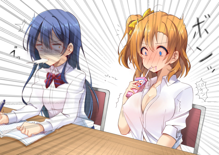 2girls blue_eyes blue_hair breast_expansion breasts drinking drinking_straw_in_mouth embarrassed gloom_(expression) highres kousaka_honoka large_breasts long_hair looking_at_another love_live! love_live!_school_idol_project md5_mismatch medium_hair multiple_girls natsumeyuki_(siroyuki026) orange_hair resolution_mismatch shaded_face side_ponytail sonoda_umi source_larger spitting strawberry_milk surprised yellow_eyes