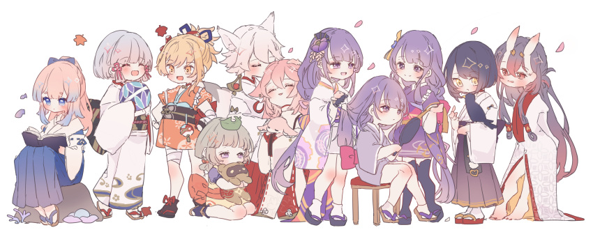 1boy 6+girls :d ^_^ absurdres animal_ears animal_on_arm ball bandaged_leg bandages bangs bare_legs bird bird_on_arm black_hair black_legwear black_sash blonde_hair blue_bow blue_eyes blue_hakama blue_skirt book bow braid braided_ponytail brown_sash chiyo_(genshin_impact) closed_eyes closed_mouth commentary coral crow earrings english_commentary expressionless fish flower fox_ears fox_girl genshin_impact grey_hair hair_bow hair_flower hair_ornament hakama hakama_skirt high_ponytail highres holding holding_mirror horns japanese_clothes jewelry kamisato_ayaka kimono kitsune_saiguu kneeling kujou_sara long_hair long_sleeves makoto_(genshin_impact) miko mirror multiple_girls nail_polish nontraditional_miko obi obijime orange_kimono orange_sash pink_hair pink_sash purple_eyes purple_flower purple_hair purple_kimono purple_legwear purple_skirt raiden_shogun red_eyes red_hakama red_nails red_skirt ribbon-trimmed_sleeves ribbon_trim sac_0120 sangonomiya_kokomi sash sayu_(genshin_impact) scaramouche_(genshin_impact) seashell shell short_hair siblings sidelocks simple_background sisters sitting skin-covered_horns skirt smile socks spoilers stone stool tabi temari_ball thighhighs toenail_polish toenails very_long_hair white_background white_hair white_kimono wide_sleeves yae_(genshin_impact) yellow_eyes yoimiya_(genshin_impact) younger zouri