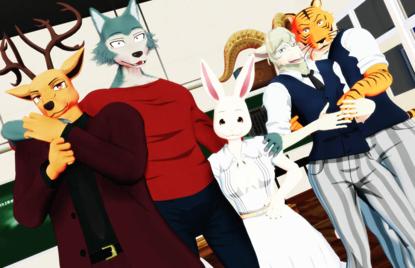 3d_(artwork) anthro antlers beastars bill_(beastars) bovid breasts brown_body brown_fur canid canine canis caprine cervid cervine dall_sheep digital_media_(artwork) felid female fur grey_body grey_fur group happy haru_(beastars) hi_res horn lagomorph legoshi_(beastars) leporid looking_at_viewer louis_(beastars) male malicekira mammal pantherine pina_(beastars) rabbit red_deer sheep size_difference smile stripes tiger white_body white_fur wolf