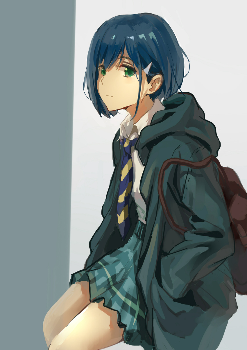 absurdres backpack bag blue_hair blue_necktie bob_cut brown_bag closed_mouth commentary darling_in_the_franxx diagonal_stripes dress_shirt green_background green_eyes green_hoodie green_skirt hair_ornament hair_strand hairclip hands_in_pockets highres hood hood_down hoodie ichigo_(darling_in_the_franxx) light_frown looking_at_viewer looking_to_the_side mao_wei_du_jiao_shou necktie plaid plaid_skirt pleated_skirt shirt sitting skirt striped striped_necktie white_background white_shirt yellow_necktie