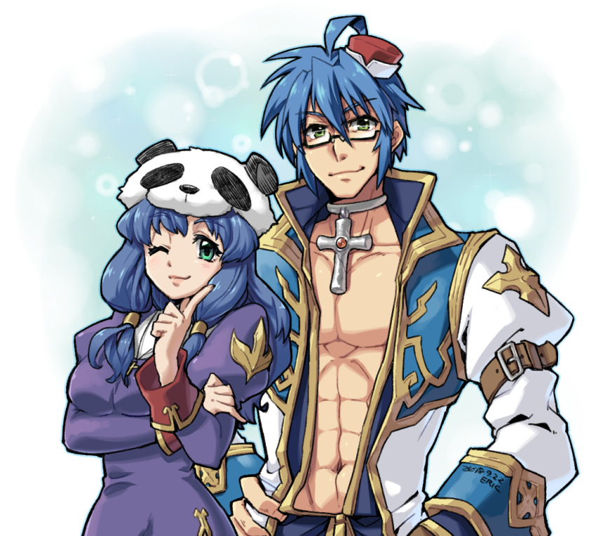 1boy 1girl abs ahoge alternate_color arm_under_breasts bangs biretta black-framed_eyewear blue_coat blue_hair blush breasts choker closed_mouth coat commentary_request cross cross_choker cross_necklace dress eriku_(aoi_tori) eyebrows_visible_through_hair finger_to_cheek glasses green_eyes hands_on_hips high_priest_(ragnarok_online) jewelry juliet_sleeves layered_clothing long_hair long_sleeves looking_at_viewer medium_breasts necklace one_eye_closed open_clothes open_coat panda_hat priest_(ragnarok_online) puffy_sleeves purple_dress ragnarok_online semi-rimless_eyewear short_hair smile two-tone_coat under-rim_eyewear upper_body white_coat