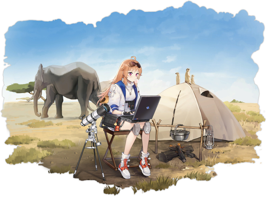 1girl ahoge animal artist_request azur_lane blonde_hair chewing_gum columbia_(azur_lane) computer elephant eyewear_on_head grasslands highres jacket jewelry laptop long_hair necklace official_alternate_costume official_art outdoors red_eyes sitting sunglasses telescope tent transparent_background white_footwear