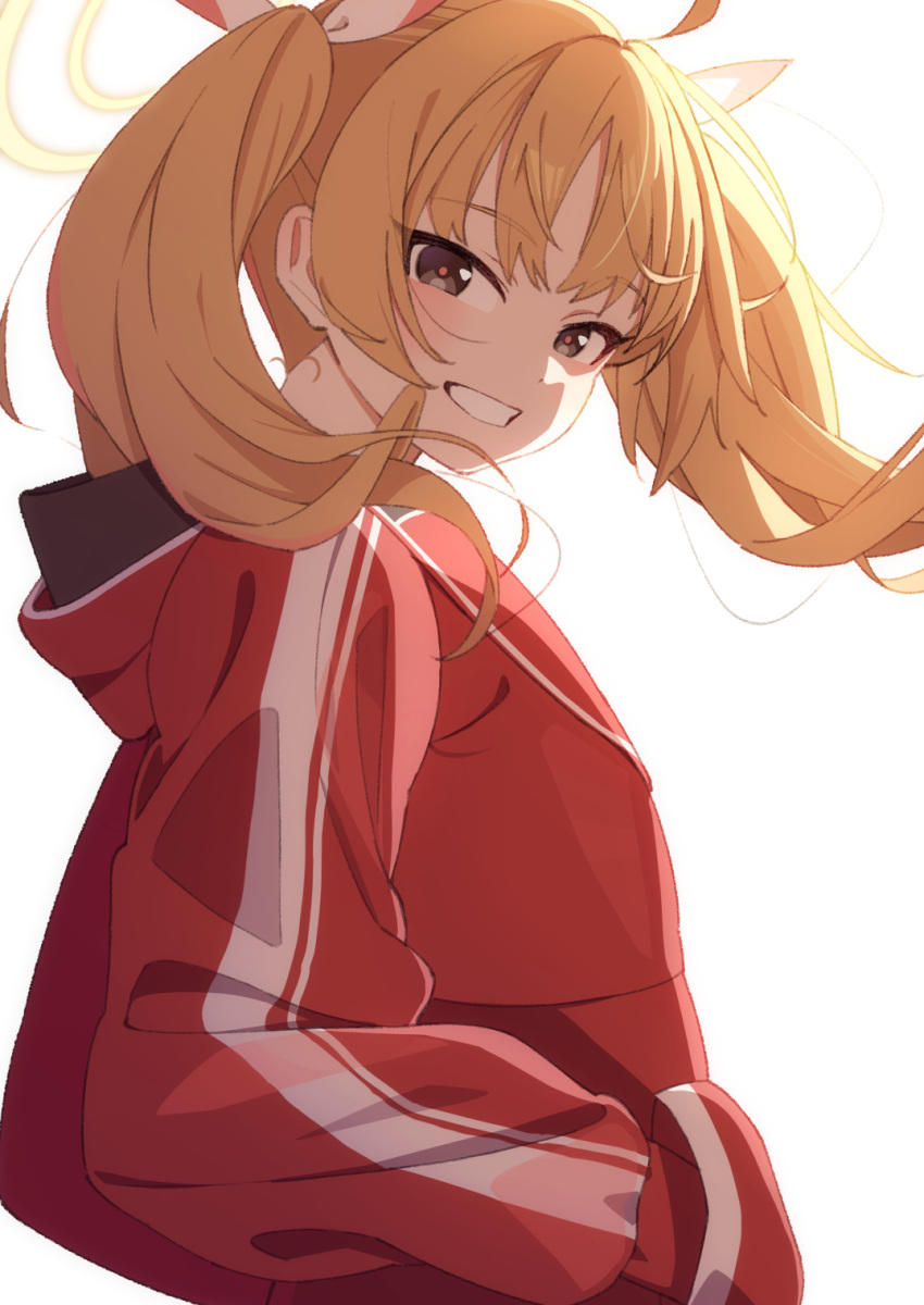 1girl afnroll bangs blonde_hair blue_archive blush brown_eyes eyebrows_visible_through_hair grin hair_between_eyes hair_ribbon halo hands_in_pockets highres jacket long_sleeves looking_at_viewer puffy_long_sleeves puffy_sleeves red_jacket ribbon simple_background smile solo sunlight twintails upper_body white_background white_ribbon yoshimi_(blue_archive)