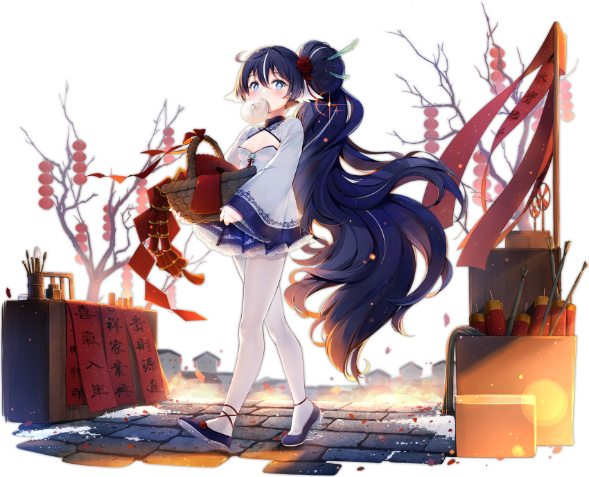 +_+ 1girl azur_lane basket black_footwear blue_eyes blue_hair blue_skirt breasts cleavage cleavage_cutout clothing_cutout food food_in_mouth full_body hair_between_eyes hair_ornament highres holding holding_basket long_hair long_sleeves looking_at_viewer maya_g miniskirt mouth_hold multicolored_hair official_alternate_costume official_art outdoors pantyhose shirt shoes skirt small_breasts solo streaked_hair transparent_background two-tone_hair very_long_hair walking white_hair white_legwear white_shirt wide_sleeves yoizuki_(azur_lane) yoizuki_(firecrackers_and_steamed_buns)_(azur_lane)