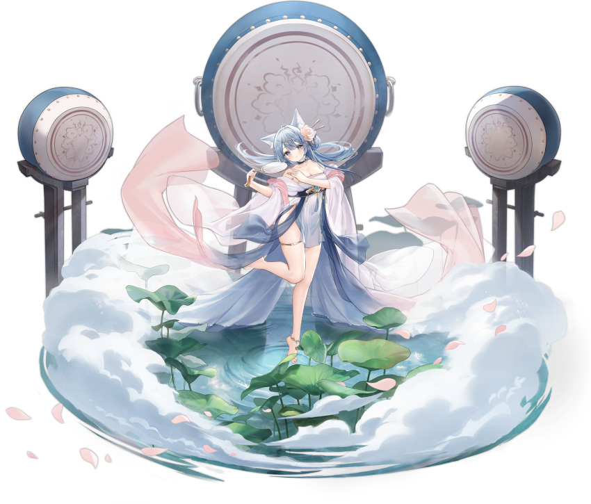 1girl alic_miao animal_ears anklet asashio_(azur_lane) asashio_(robes_of_dancing_clouds)_(azur_lane) azur_lane bangs bare_shoulders barefoot blue_eyes blue_hair breasts cleavage collarbone covered_navel floating_hair flower full_body hair_flower hair_ornament hand_fan highres holding holding_fan jewelry leg_up lily_pad long_hair long_sleeves looking_at_viewer navel official_alternate_costume official_art on_water parted_lips see-through standing standing_on_one_leg thigh_strap transparent_background water wide_sleeves