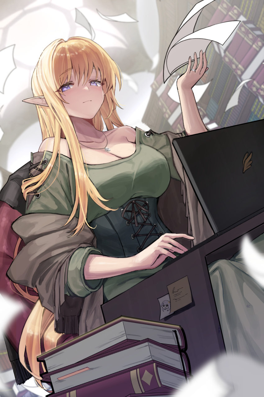 1girl bangs bare_shoulders blonde_hair book book_stack bookshelf breasts cleavage collarbone commentary_request computer corset dress elf eyebrows_visible_through_hair green_shirt hair_between_eyes hand_up highres indoors jewelry korean_commentary laptop long_hair long_sleeves looking_at_viewer medium_breasts mendou_kusai necklace off-shoulder_shirt off_shoulder original paper pointy_ears ring shirt sitting solo sticky_note