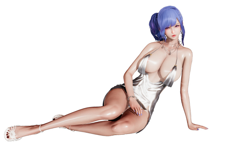 1girl 3d absurdres azur_lane bangs bare_shoulders blue_hair breasts closed_mouth collarbone dress earrings evening_gown feet fingernails halter_dress halterneck hand_on_leg highres jewelry large_breasts long_hair looking_at_viewer no_bra official_alternate_costume ponytail side_ponytail silver_dress sitting solo st._louis_(azur_lane) st._louis_(luxurious_wheels)_(azur_lane) transparent_background