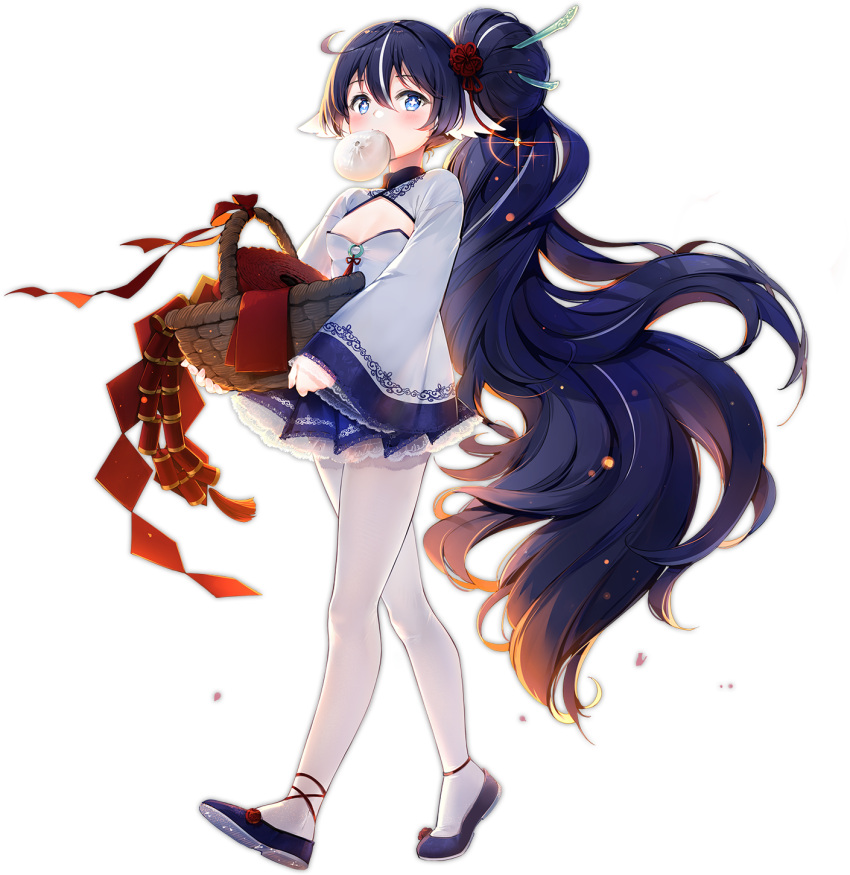 +_+ 1girl azur_lane basket black_footwear blue_eyes blue_hair blue_skirt breasts cleavage cleavage_cutout clothing_cutout food food_in_mouth full_body hair_between_eyes hair_ornament highres holding holding_basket long_hair long_sleeves looking_at_viewer maya_g miniskirt mouth_hold multicolored_hair official_alternate_costume official_art pantyhose shirt shoes skirt small_breasts solo streaked_hair transparent_background two-tone_hair very_long_hair walking white_hair white_legwear white_shirt wide_sleeves yoizuki_(azur_lane) yoizuki_(firecrackers_and_steamed_buns)_(azur_lane)