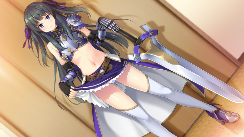 1girl armor bangs black_gloves black_hair blue_eyes breastplate cameltoe closed_mouth clothes_lift dutch_angle fingerless_gloves floating_hair game_cg gauntlets gloves hair_ribbon hand_on_hilt hayami_shizuno hibikino-san-chi_wa_eroge-ya-san! highres indoors lifted_by_self long_hair looking_at_viewer midriff miniskirt navel panties pleated_skirt purple_ribbon purple_skirt ribbon sawayaka_samehada shiny shiny_hair shoulder_armor skirt skirt_lift smile solo standing stomach sword thighhighs twintails underwear very_long_hair weapon white_legwear white_panties wooden_floor