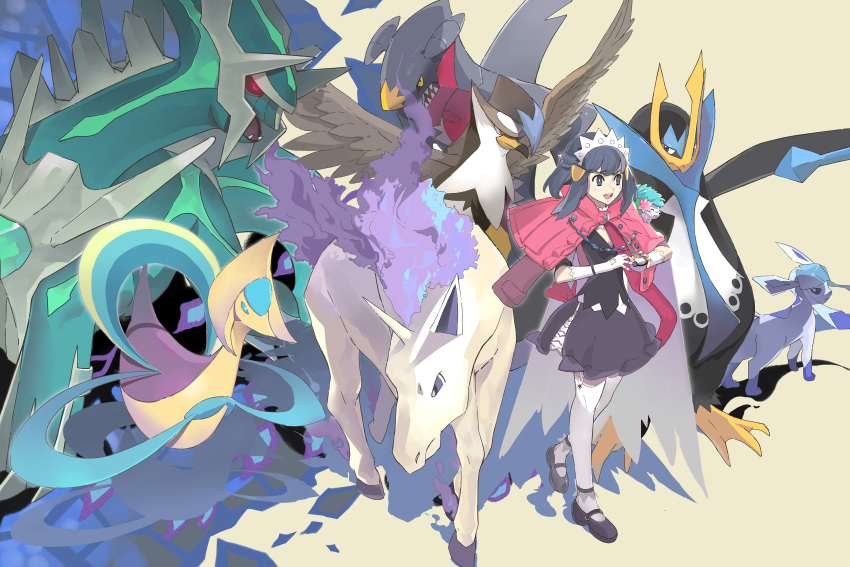 1girl absurdres alternate_color alternate_costume black_hair dawn_(pokemon) dialga empoleon fire garchomp garter_straps glaceon gloves highres hiro_(user_negm3832) jacket jacket_on_shoulders on_shoulder poke_ball pokemon pokemon_(creature) pokemon_(game) pokemon_dppt pokemon_on_shoulder purple_fire rapidash scarf shaymin shaymin_(land) shiny_pokemon smile standing staraptor thighhighs tiara timer_ball white_gloves