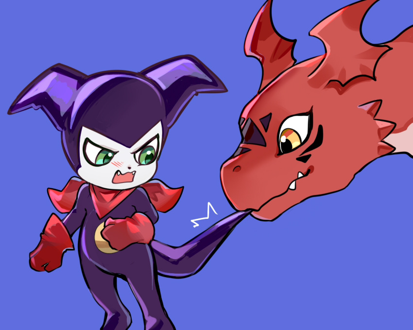 anthro bandai_namco bandanna bite blush digimon digimon_(species) duo green_eyes guilmon humanoid impmon kerchief male namikazenami1 purple_body red_body tail_bite tail_in_mouth yellow_eyes