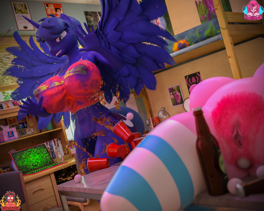 3d_(artwork) anthro anthrofied big_breasts blue_body blue_feathers breasts digital_media_(artwork) equid equine feathers female forsaken_(artist) friendship_is_magic hi_res horn mammal my_little_pony pinkie_pie_(mlp) princess_luna_(mlp) pubes winged_unicorn wings