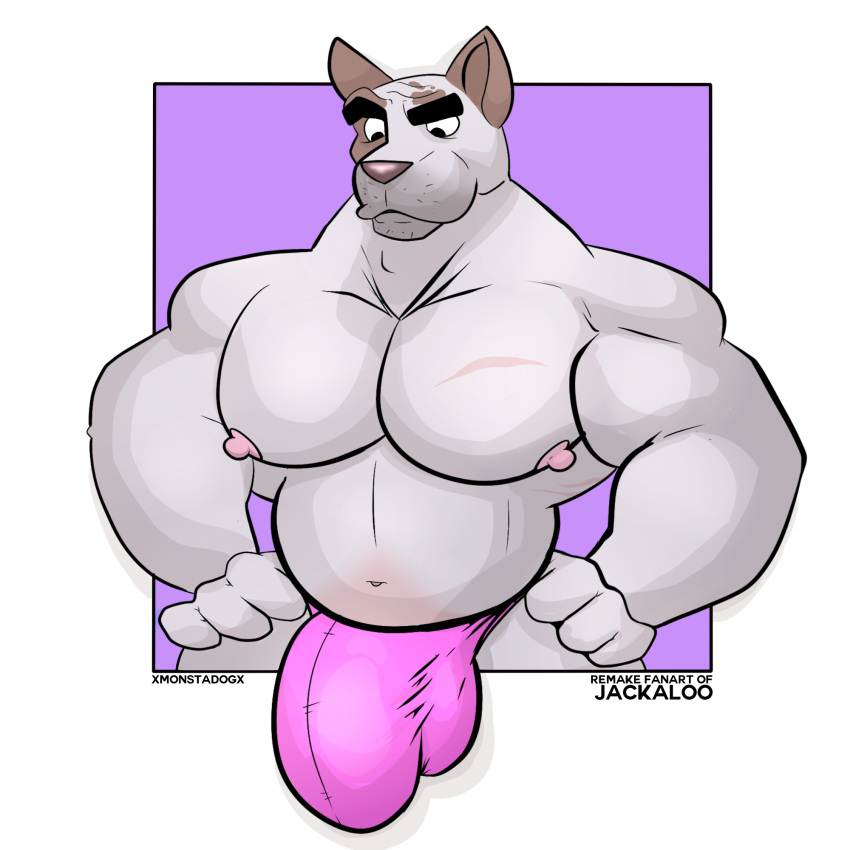 anthro big_(disambiguation) bulge canid canine canis clothing domestic_dog emery_waldren father hi_res jackaloo male mammal monstadog musclegut muscular parent solo thong underwear