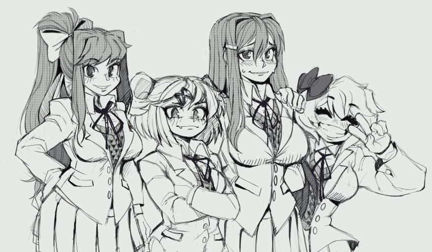 4girls ^_^ bangs blazer bow breasts closed_eyes collared_shirt crossed_arms doki_doki_literature_club double_bun eyebrows_visible_through_hair fang fang_out greyscale hair_bow hand_on_hip head_tilt highres ink_(ink01_) jacket large_breasts long_hair looking_at_viewer monika_(doki_doki_literature_club) monochrome multiple_girls natsuki_(doki_doki_literature_club) ponytail sayori_(doki_doki_literature_club) school_uniform shirt short_hair sidelocks skirt small_breasts smile sweat v vest yuri_(doki_doki_literature_club)