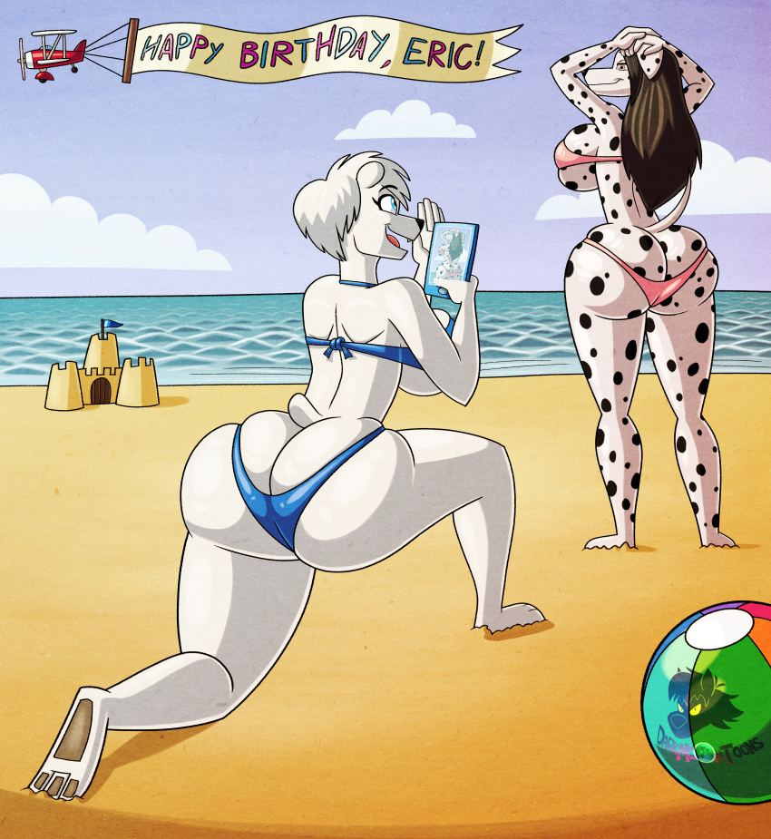 2022 3_toes 5_fingers absurd_res alexis_bishop_(lildredre) anthro ball banner beach beach_ball big_breasts big_butt bikini bikini_bottom bikini_top biplane black_hair black_nose black_spots blu3danny breasts bridget_malcolm_(lildredre) butt canid canine canis cellphone clothed clothing dalmatian day digital_media_(artwork) domestic_dog duo english_text fangs feet female fingers fur hair hi_res hindpaw holding_cellphone holding_object holding_phone holding_smartphone huge_breasts humanoid_hands inflatable kneeling long_hair looking_at_another looking_back looking_back_at_another mammal on_one_knee open_mouth open_smile outside pawpads paws phone polar_bear rear_view sand_castle sculpture sea seaside side_boob signature smartphone smile spots standing swimwear taking_picture text thick_thighs toes tongue ursid ursine water white_body white_fur white_hair