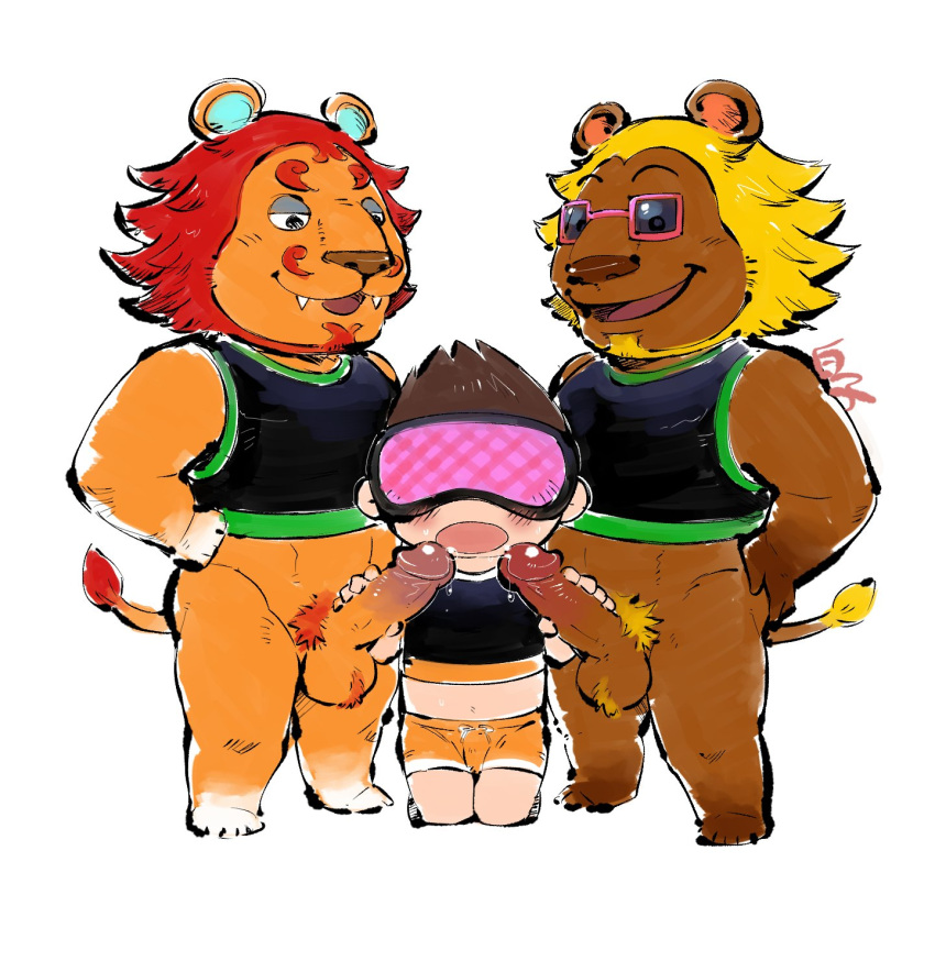 animal_crossing anthro balls blindfold blonde_mane blush bodily_fluids bottomless bottomwear brown_hair bud_(animal_crossing) clothed clothing crop_top erection eyewear facial_hair fangs felid genital_fluids genitals group group_sex hair handjob hi_res human human_on_anthro interspecies larger_anthro lion male male/male mammal mane muscular muscular_anthro muscular_male mustache nintendo open_mouth pantherine penile penis precum red_mane rory_(animal_crossing) sex shirako shirt shorts size_difference smaller_human sunglasses tank_top threesome topwear video_games villager_(animal_crossing)