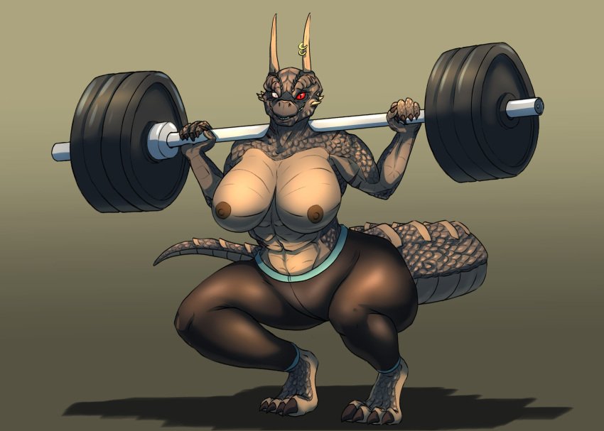 absurd_res anthro argonian bethesda_softworks big_breasts big_butt breasts butt claws clothed clothing curvy_figure fangs female heterochromia hi_res horn lifting looking_at_viewer multicolored_body muscular muscular_female nipples open_mouth open_smile partially_clothed scalie simple_background smile solo the_elder_scrolls thick_thighs tolerain topless two_tone_body video_games wide_hips
