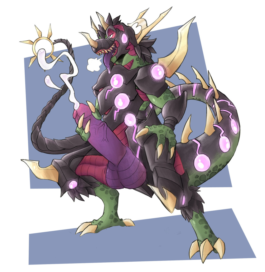 absurd_res anthro armor balls big_balls big_penis blue_background bodily_fluids claws clothing cum detailed dinosaur drooling duel_monster ejaculating_cum ejaculation excessive_cum feral genital_fluids genitals green_body green_scales grey_clothing hi_res horn huge_balls huge_penis hyper hyper_balls hyper_cum hyper_genitalia hyper_penis male masturbation metal penis purple_penis red_body red_scales reptile saliva scales scalie simple_background solo standing theropod tiredfeathers tongue tongue_out tyrannosaurid tyrannosaurus tyrannosaurus_rex ultimate_conductor_tyranno white_background yellow_claws yu-gi-oh