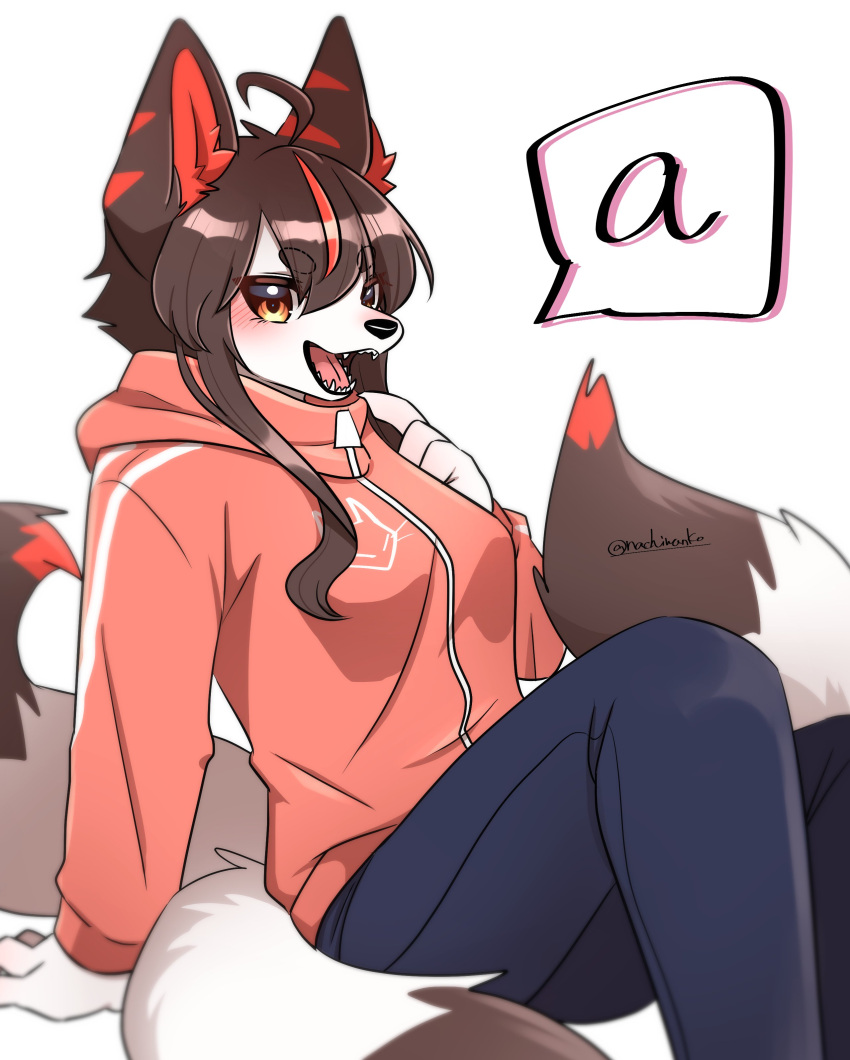 2022 3_tails a absurd_res ahoge amber_eyes anthro black_nose blush bottomwear breasts brown_body brown_fur brown_hair canid canine clothed clothing dialogue dipstick_tail english_text fangs female fingers fox fur hair hi_res hoodie kemono looking_at_viewer mammal markings multi_tail multicolored_body multicolored_ears multicolored_fur multicolored_hair multicolored_tail nachiwanko on_ground open_mouth pants red_body red_fur red_hair signature simple_background sitting solo speechless tail_markings teeth text tongue topwear white_background white_body white_fur