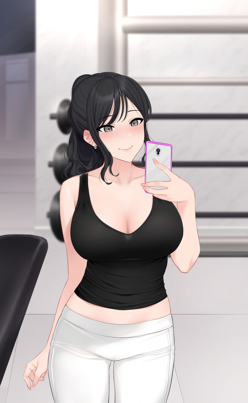 1girl absurdres bangs barbell barbell_piercing bare_arms bare_shoulders black_hair black_tank_top blush breasts cellphone cleavage closed_mouth collarbone crop_top ear_piercing earrings english_commentary eyebrows_visible_through_hair grey_eyes gym hand_up highres holding holding_phone jewelry jjanda large_breasts lips long_hair looking_at_phone original pants phone piercing ponytail selfie smartphone smile solo swept_bangs tank_top weights white_pants