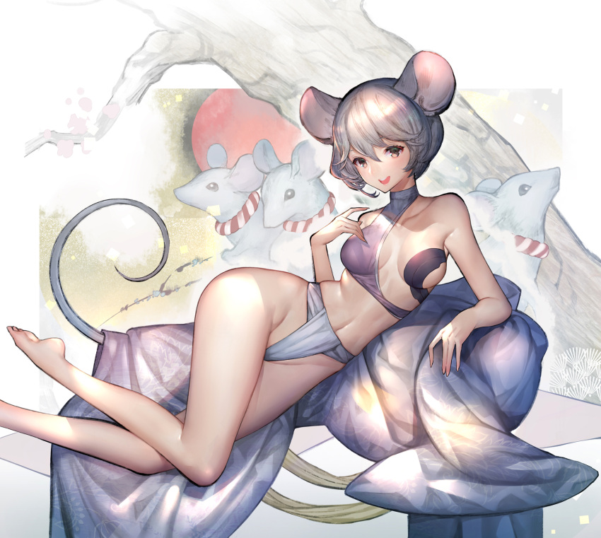 1girl animal_ears bangs breasts brown_eyes fundoshi hair_between_eyes hand_up highres hitowa japanese_clothes looking_at_viewer lying medium_breasts mouse_ears mouse_tail on_side open_mouth original rat short_hair silver_hair smile tail underwear wide_hips