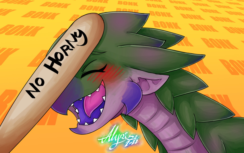 2022 alyrise anthro baseball_bat bat_(object) blush capcom dialogue_box dragon eyebrows eyes_closed female feral flying_wyvern green_body green_scales headshot_portrait humanoid_pointy_ears mammal monster_hunter open_mouth open_smile parody portrait purple_body rath_wyvern rathian reaction_image reptile scales scalie sharp_teeth smile solo spikes spikes_(anatomy) teeth text video_games