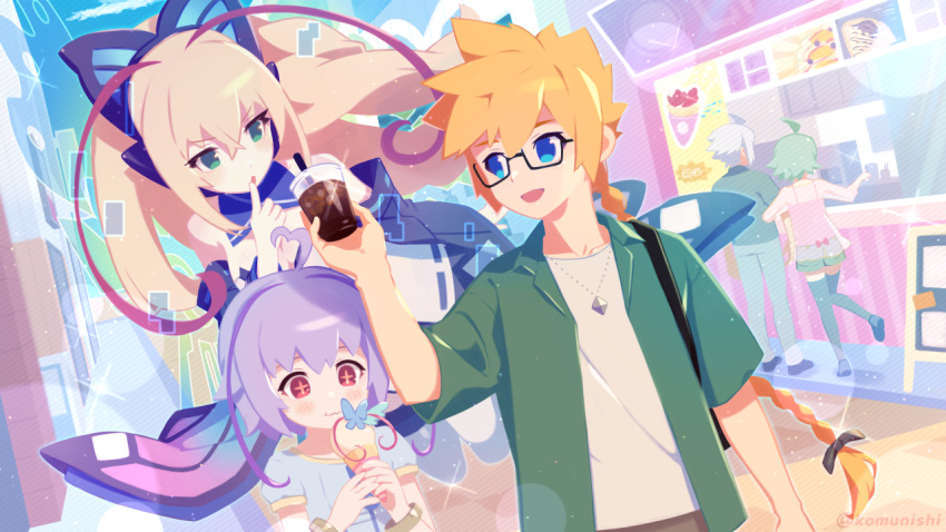 2boys 3girls ahoge azure_striker_gunvolt bespectacled black-framed_eyewear braid casual commentary_request glasses green_eyes gunvolt joule_(gunvolt) komu24 long_hair lumen_(gunvolt) multiple_boys multiple_girls open_mouth purple_hair red_eyes short_hair single_braid smile