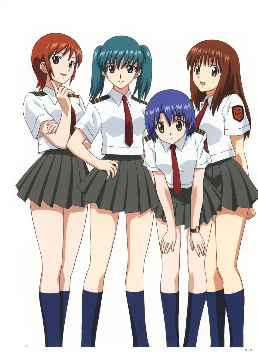 4girls absurdres aqua_hair bangs blue_eyes blue_hair blue_legwear brown_eyes brown_hair doi_shizuha hair_tie highres holding honjou_mikaze kikuhara_karin kneehighs leaning_forward light_smile long_hair looking_at_viewer multiple_girls nakamura_ayamo necktie official_art open_mouth pleated_skirt red_necktie scan school_uniform shirt short_twintails sidelocks skirt smile socks standing stratos_4 swept_bangs twintails watch yamauchi_noriyasu