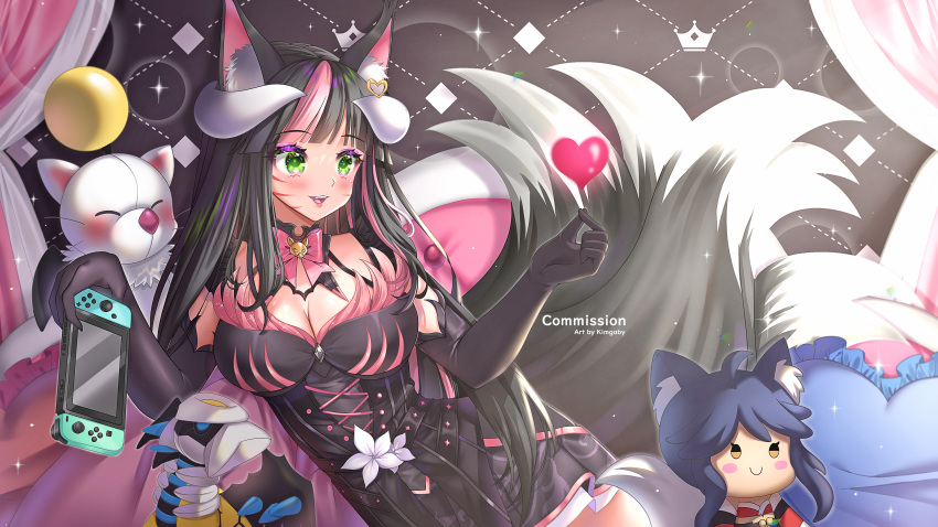 1girl absurdres ahoge ahri_(league_of_legends) alternate_color animal_ear_fluff animal_ears artist_name asaki_amber bangs bare_shoulders black_gloves black_hair blunt_bangs bow breasts brooch cleavage commission corset cowboy_shot cross-laced_clothes crown_print curled_horns curtains demon_girl demon_horns ear_ornament ear_piercing earrings elbow_gloves english_commentary english_text eyebrows_visible_through_hair eyelashes eyeshadow facial_mark flower forehead fox_ears fox_girl fox_tail frilled_skirt frills giratina gloves glowing green_eyes heart heart_earrings highres horns indie_virtual_youtuber jewelry kimgaby kitsune large_breasts light_blush lily_(flower) lips makeup moogle multicolored_hair nintendo_switch open_mouth parted_lips piercing pillow pink_bow pink_hair purple_hair shiny_pokemon sidelocks skirt smile solo sparkle sparkling_eyes stuffed_toy tail teeth upper_teeth virtual_youtuber whisker_markings