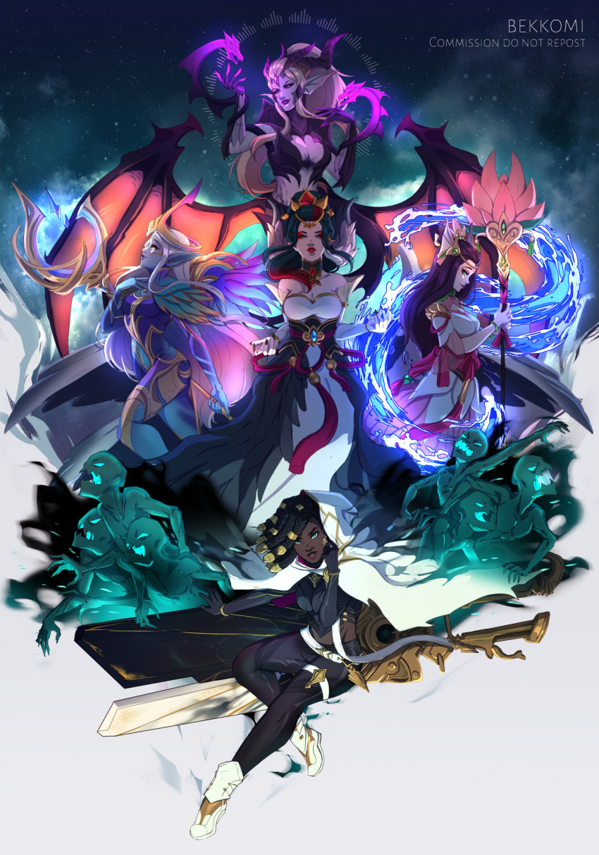 5girls arm_up bangs bare_shoulders bekkomi black_hair blonde_hair breasts brown_hair cleavage creature dark-skinned_female dark_skin dawnbringer_soraka dragon_sorceress_zyra dress from_side ghoul gun hair_ornament hairlocs hand_up highres holding holding_staff holding_weapon horns large_breasts league_of_legends long_hair looking_at_viewer magic majestic_empress_morgana morgana_(league_of_legends) multiple_girls nami_(league_of_legends) official_alternate_costume ponytail profile senna_(league_of_legends) smile soraka_(league_of_legends) splendid_staff_nami staff water weapon wings zyra