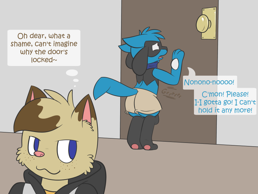 2019 absurd_res anthro bathroom big_ears black_body black_fur blue_body blue_eyes blue_fur bottomwear brown_body brown_fur butt canid canine caught caught_off_guard clenched_feet clenched_fists clothed clothing confusion crouching cute_expression cute_eyes desperation dialogue digital_drawing_(artwork) digital_media_(artwork) duo english_text exposed feet fist fluffy fluffy_tail fur gesture handshake happy hi_res hindpaw long_ears male mammal nervous nintendo omorashi open_mouth paws pok&eacute;mon pok&eacute;mon_(species) potty potty_training practice public_restroom randy red_eyes relaxing restrained riolu ritz_(ritzcat) ritzcat scared scarf scut_tail short_tail smile so_close_yet_so_far sound_effects standing standing_position struggling surprise surprised_expression surprised_eyes surprised_face surprised_look text tired toilet video_games wall_(disambiguation) worried worried_face worried_look yellow_body yellow_fur