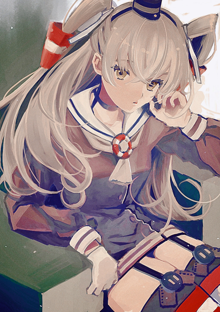 1girl absurdres amatsukaze_(kancolle) bangs black_dress breasts brown_eyes chair closed_mouth commentary_request crossed_bangs dress garter_straps gloves grey_hair grey_neckerchief hair_tubes highres ikurabbit kantai_collection long_hair long_sleeves looking_at_viewer neckerchief sailor_collar sailor_dress single_glove sitting small_breasts solo thighhighs two_side_up very_long_hair white_gloves