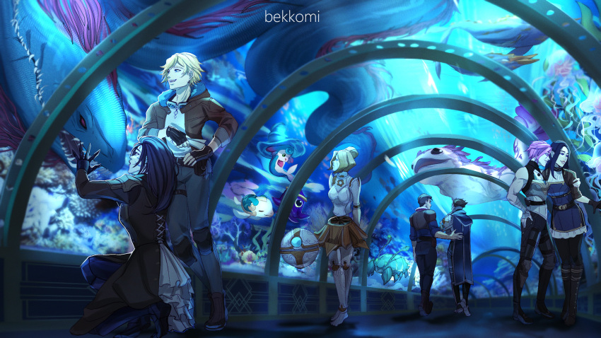 3boys 4girls aquarium armor artist_name ball bandaged_hand bandages bangs bare_shoulders bekkomi black_footwear black_gloves black_hair black_jacket black_legwear blonde_hair blue_cape blue_shirt boots breasts brown_jacket caitlyn_(league_of_legends) cape dress english_commentary ezreal fingerless_gloves fish frilled_dress frills full_body gloves grin hand_on_hip highres jacket kai'sa knee_boots large_breasts league_of_legends little_legend long_hair long_sleeves monster multiple_boys multiple_girls open_clothes open_jacket orianna_(league_of_legends) pantyhose robot shirt short_hair smile standing teeth vi_(league_of_legends) viktor_(league_of_legends) yuri