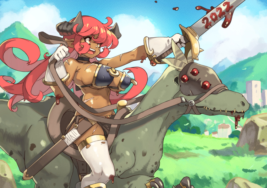 1girl 2022 :d breasts commentary dark-skinned_female dark_skin dinosaur dragon_riding english_commentary from_side gloves holding holding_reins holding_sword holding_weapon horns large_breasts long_hair open_mouth original outdoors pointy_breasts red_eyes red_hair reins riding saddle smile solo sword thighhighs vins-mousseux weapon white_gloves white_legwear