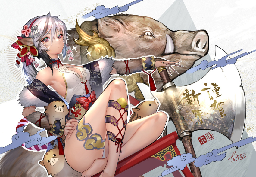 1girl axe bangs boar breasts chinese_zodiac cleavage_cutout clothing_cutout creature flower fur_trim hair_between_eyes hair_flower hair_ornament hairband hand_on_hip happy_new_year highleg highleg_leotard highres hitowa leotard looking_at_viewer medium_hair multicolored_hair new_year original pink_eyes silver_hair small_breasts solo_focus streaked_hair year_of_the_pig