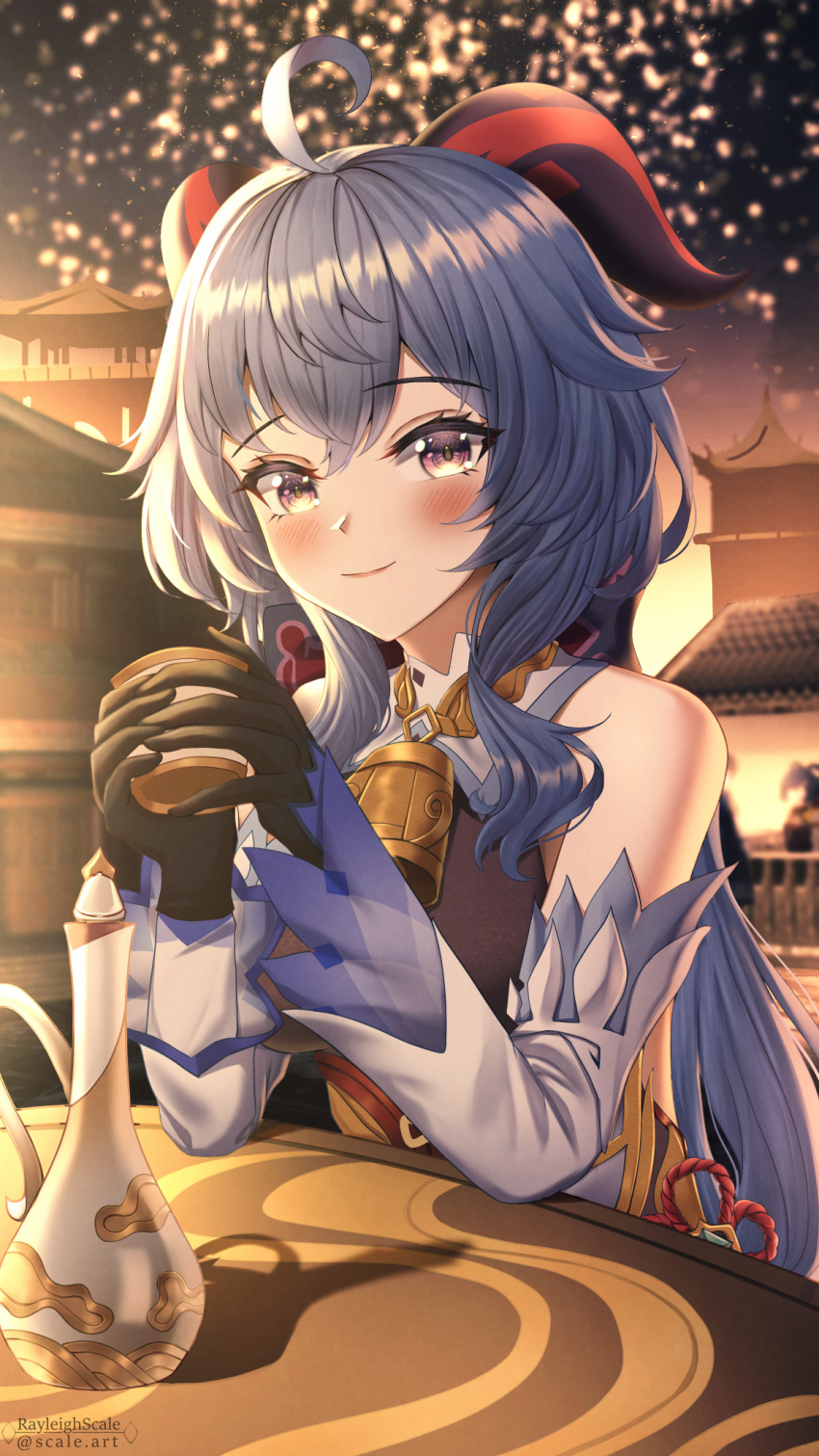 1girl ahoge bangs bare_shoulders bell black_gloves blue_hair blush building chinese_new_year cup detached_sleeves eyebrows_visible_through_hair flower_knot ganyu_(genshin_impact) genshin_impact gloves gold_trim highres holding holding_cup horns lantern long_hair looking_at_viewer neck_bell night outdoors purple_eyes rayleigh_scale sidelocks sitting smile solo table upper_body vision_(genshin_impact) white_sleeves