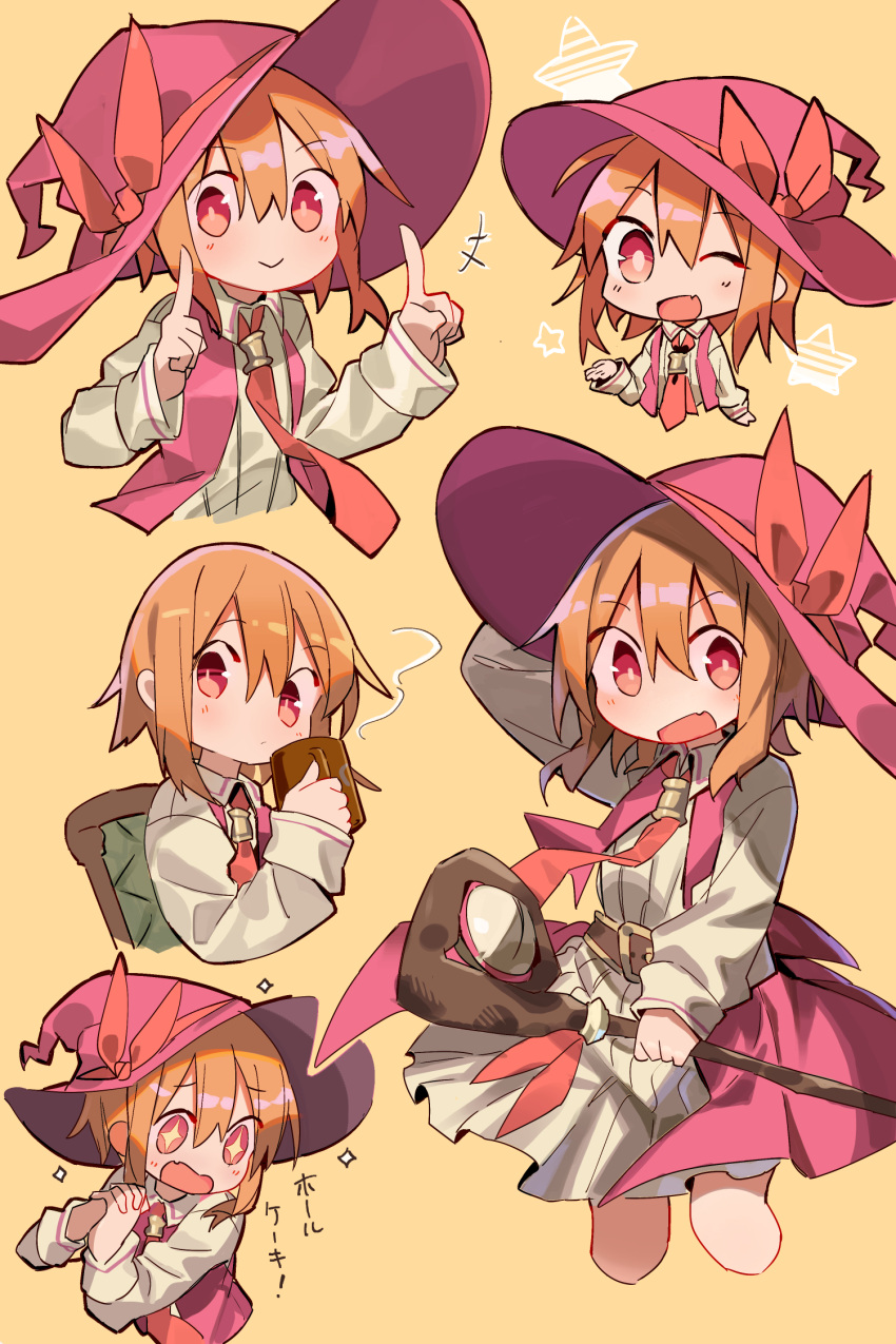 +_+ 1girl :&gt; :d cloneko_(zelmeledf2) fang hat highres holding orange_hair original own_hands_together red_eyes short_hair simple_background skin_fang smile staff translated witch witch_hat