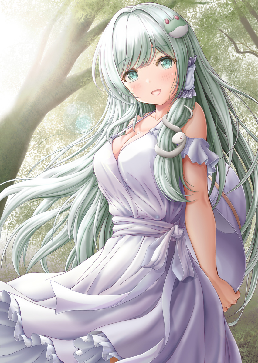 1girl :d akino_irori alternate_costume bangs bare_shoulders bloom blush breasts cleavage cowboy_shot day dress eyebrows_visible_through_hair green_eyes green_hair highres kochiya_sanae large_breasts long_hair looking_at_viewer outdoors overexposure petticoat smile solo swept_bangs touhou tree very_long_hair white_dress