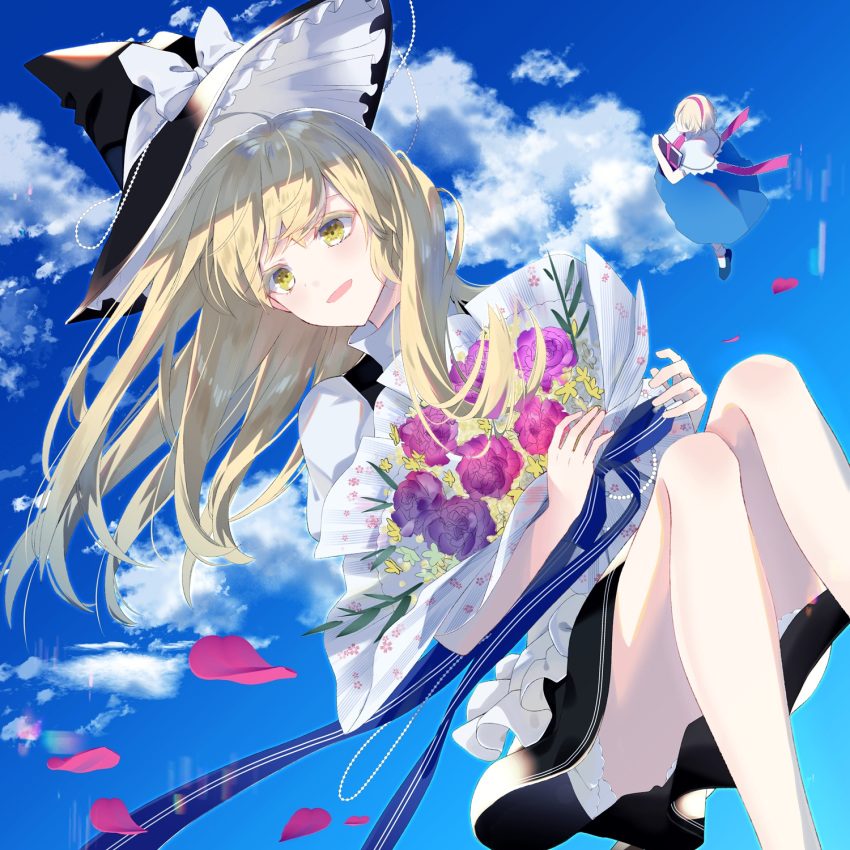 2girls alice_margatroid bangs black_headwear black_vest blonde_hair bloomers blue_sky blush book book_hug bouquet bow capelet chokie cloud day eyelashes grimoire_of_alice hairband hat hat_bow hat_ribbon highres holding holding_book holding_bouquet kirisame_marisa long_hair looking_at_viewer multiple_girls object_hug open_mouth petals red_hairband ribbon rose_petals shiny shiny_hair shirt short_hair sidelocks sky symbol-only_commentary touhou underwear vest white_bow white_capelet white_ribbon white_shirt witch_hat yellow_eyes