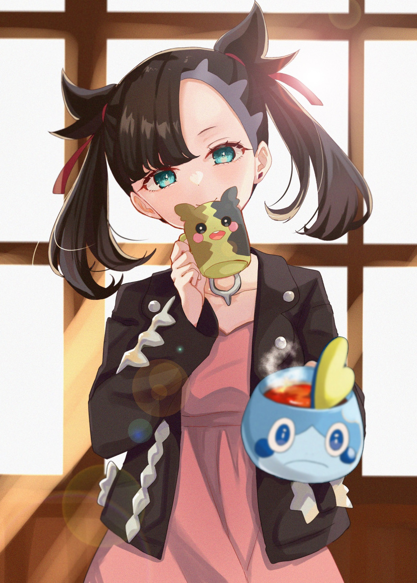 1girl asymmetrical_bangs bangs black_hair black_jacket closed_mouth collarbone cup day dress drinking ear_piercing green_eyes hair_ribbon hand_up highres holding holding_cup incoming_drink jacket lens_flare looking_at_viewer marnie_(pokemon) morpeko morpeko_(full) mug multicolored_hair piercing pink_dress pokemon pokemon_(game) pokemon_swsh pov red_ribbon ribbon rino_cnc smile sobble solo steam sunlight tea twintails two-tone_hair window