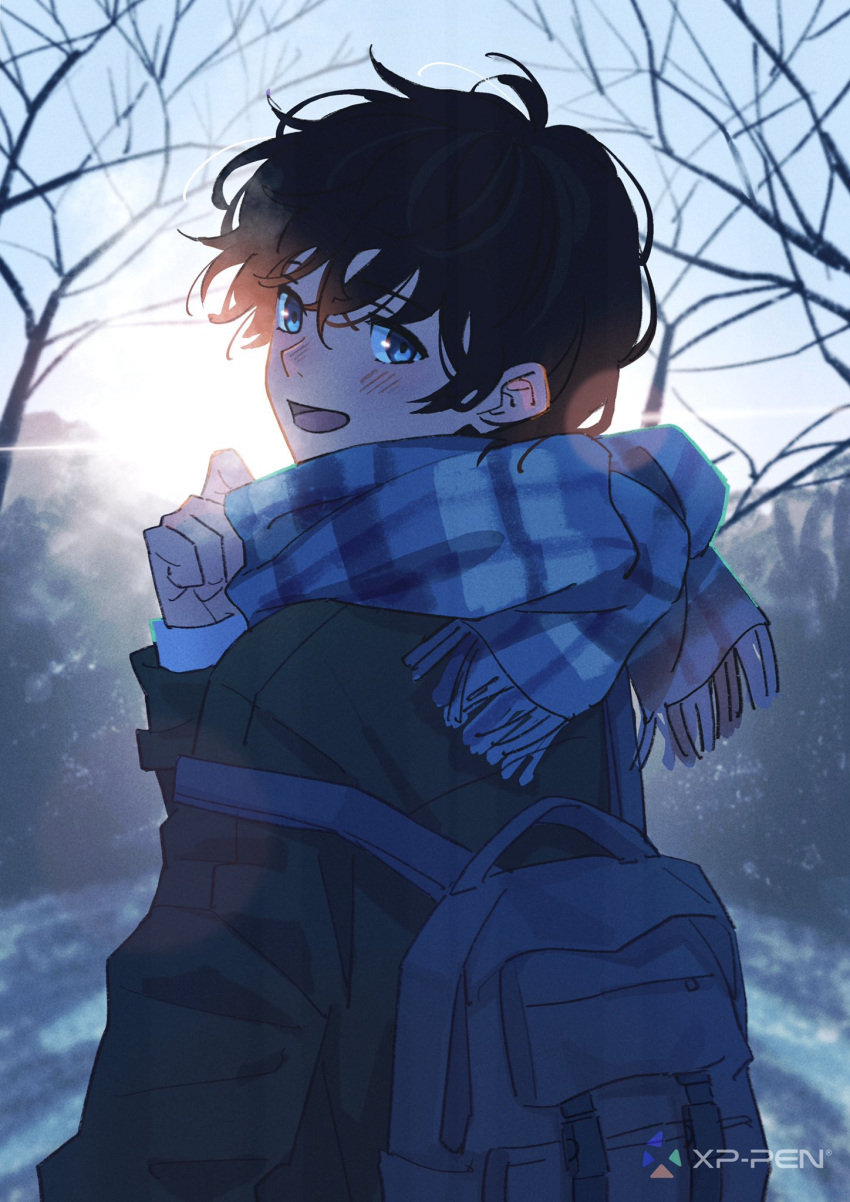 1boy :d ahoge bag bangs black_coat black_hair blue_eyes blurry blurry_background blush breath checkered_clothes checkered_scarf chromatic_aberration coat cold day fur-trimmed_sleeves fur_trim hair_between_eyes highres holding holding_clothes holding_scarf lens_flare looking_at_viewer looking_back male_focus mele_ck messy_hair open_mouth original outdoors scarf smile snow solo standing sun sunlight tree upper_body winter