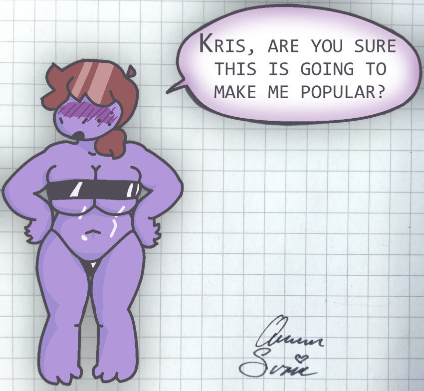 3_toes anthro big_breasts blush blush_lines breasts brown_hair cel_shading chubby_female clothing deltarune digital_media_(artwork) dinosaur feet female freckles geometric_background glistening glistening_clothing glistening_hair glistening_swimwear graph_paper grid grid_background gris_swimsuit hair hair_over_eyes hi_res kcrtp meme meme_clothing messy_hair nostrills one-piece_swimsuit pattern_background ponytail purple_body purple_scales reptile scales scalie shaded signature simple_background slightly_chubby solo speech_bubble susie_(deltarune) swimwear toes translucent translucent_clothing translucent_swimwear undertale_(series) video_games wide_hips