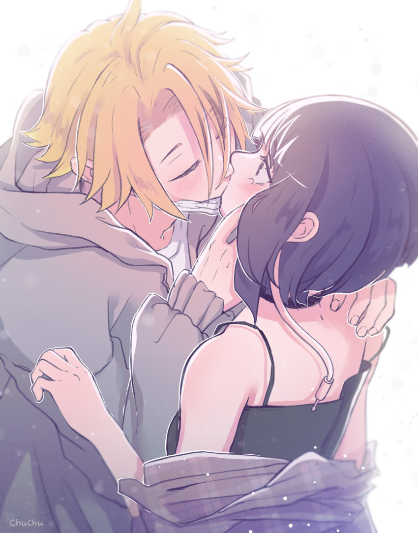 1boy 1girl black_hair black_tank_top blonde_hair blush boku_no_hero_academia choker couple french_kiss hand_on_another's_face hand_on_another's_shoulder hetero highres jirou_kyouka kaminari_denki kiss simple_background surprise_kiss surprised tank_top white_background ye_77i