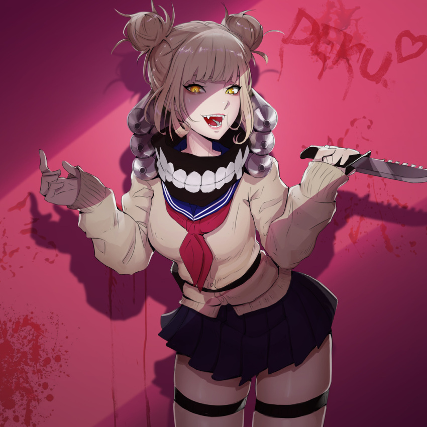 1girl bandana bangs belt belt_pouch black_bandana black_legwear black_skirt blonde_hair blood blood_on_wall blood_splatter blue_sailor_collar blunt_bangs boku_no_hero_academia breasts canister cardigan character_name combat_knife commentary cowboy_shot double_bun eyelashes fangs hair_up heart holding holding_knife inhoso knife lips looking_at_viewer medium_breasts messy_hair neckerchief open_mouth pouch red_background red_neckerchief sailor_collar school_uniform serafuku shaded_face shadow sidelocks skindentation skirt sleeves_past_wrists slit_pupils smile solo teeth thighhighs toga_himiko w_arms weapon yellow_cardigan yellow_eyes zettai_ryouiki