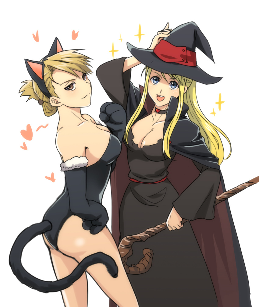 2girls :3 :d animal_ears animal_hands bangs bare_legs bare_shoulders black_cape black_choker black_dress black_gloves black_hairband black_headwear black_leotard blonde_hair blue_eyes breasts brown_eyes cape cat_ears cat_tail choker cleavage closed_mouth collarbone dress elbow_gloves floating_hair fullmetal_alchemist fur-trimmed_gloves fur_trim gloves hair_between_eyes hairband hat heart heart_choker highres holding holding_staff leotard long_dress long_hair long_sleeves looking_at_viewer medium_breasts multiple_girls paw_gloves riza_hawkeye shiny shiny_hair shsh8860 sidelocks sketch smile staff standing strapless strapless_leotard tail tied_hair white_background winry_rockbell witch witch_hat