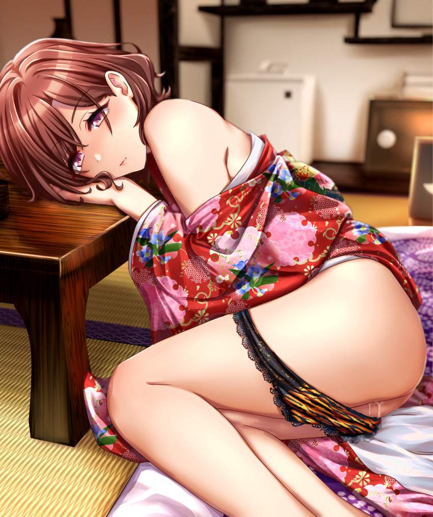1girl ass bangs bare_shoulders bed_sheet black_panties blurry blurry_background blush brown_hair closed_mouth expressionless eyebrows_visible_through_hair floral_print foot_out_of_frame half-closed_eyes highres higuchi_madoka idolmaster idolmaster_shiny_colors indoors japanese_clothes kimono kobamiso_(kobalt) lace-trimmed_panties lace_trim long_sleeves looking_at_viewer off_shoulder on_bed panties panty_pull purple_eyes pussy_juice short_hair sitting solo swept_bangs tatami tiger_stripes two-tone_panties underwear wide_sleeves yellow_panties