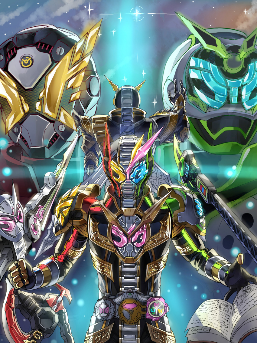 4boys back-to-back blue_eyes book clenched_hand crossbow driver facing_away feimao_(angelcat) fusion gold_armor green_armor highres kamen_rider kamen_rider_geiz kamen_rider_woz kamen_rider_zi-o kamen_rider_zi-o_(series) kamen_rider_zi-o_trinity looking_at_viewer mask multiple_boys multiple_weapons open_hand ouma_advent_calendar ouma_zi-o pink_eyes polearm red_armor rider_belt saikyo_girade saikyo_zikan_girade spear staff trinity_riderwatch weapon yellow_eyes zikan_despear zikan_girade ziku_driver